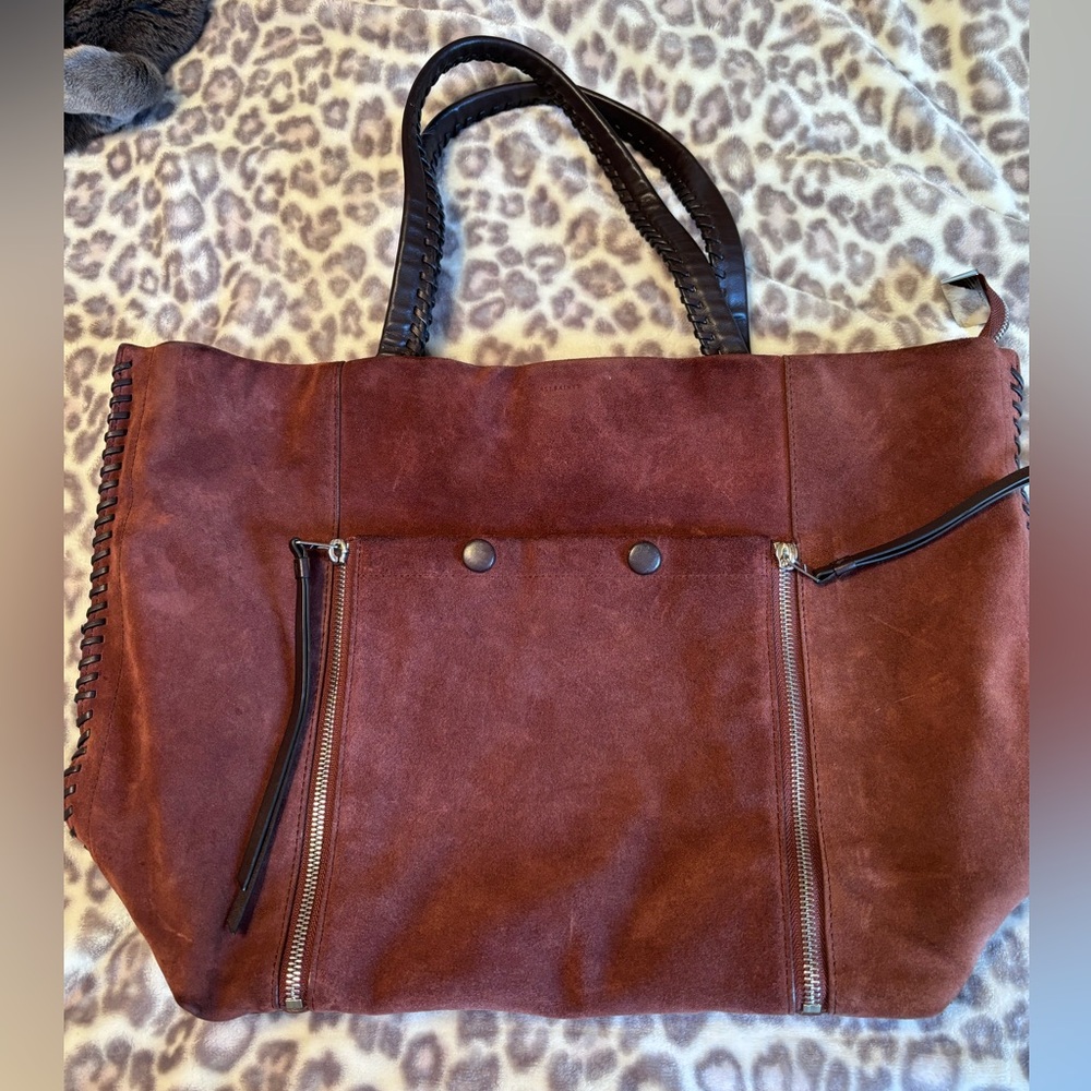 AllSaints Brown Suede Tote with Black Braided Handles